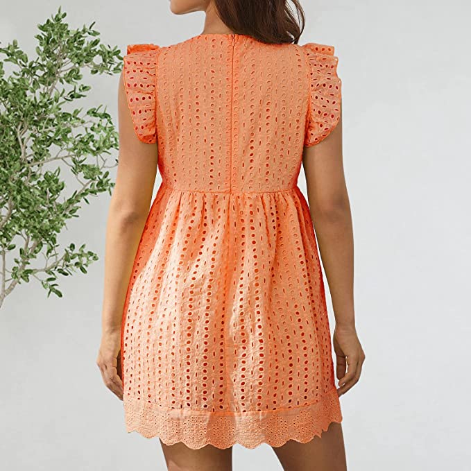 Summer Ladies Elegant V-neck Lace Jacquard Hollow Out California Romper Dress