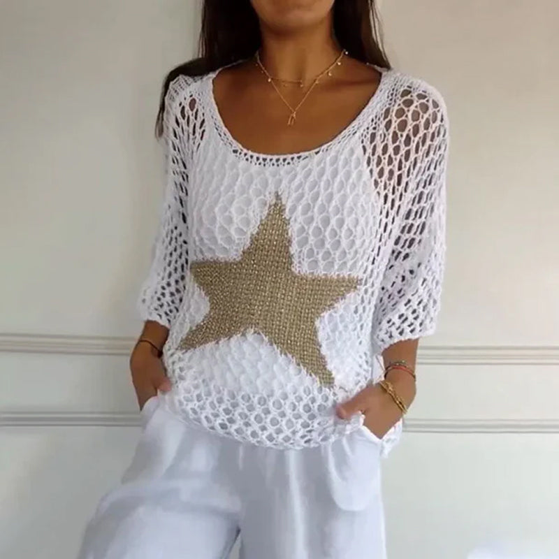 Women's Fashion Round Neck Crochet Fishnet Top