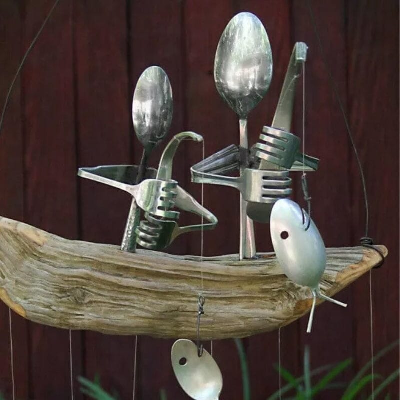 Fishing Man Spoon Fish Sculpture Wind Chime