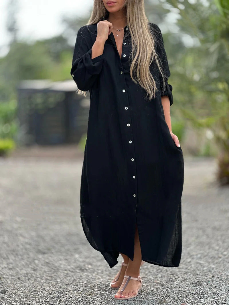 Lapel Buttoned Cotton and Linen Dress