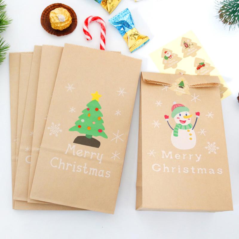 Christmas Kraft Paper Bags, 6 Bags+6 Stickers